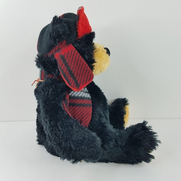 Black Bear Plush Red Plaid Trapper Hat Wishpets Rusty Winter Ear Flaps 2010 - Picture 3 of 9